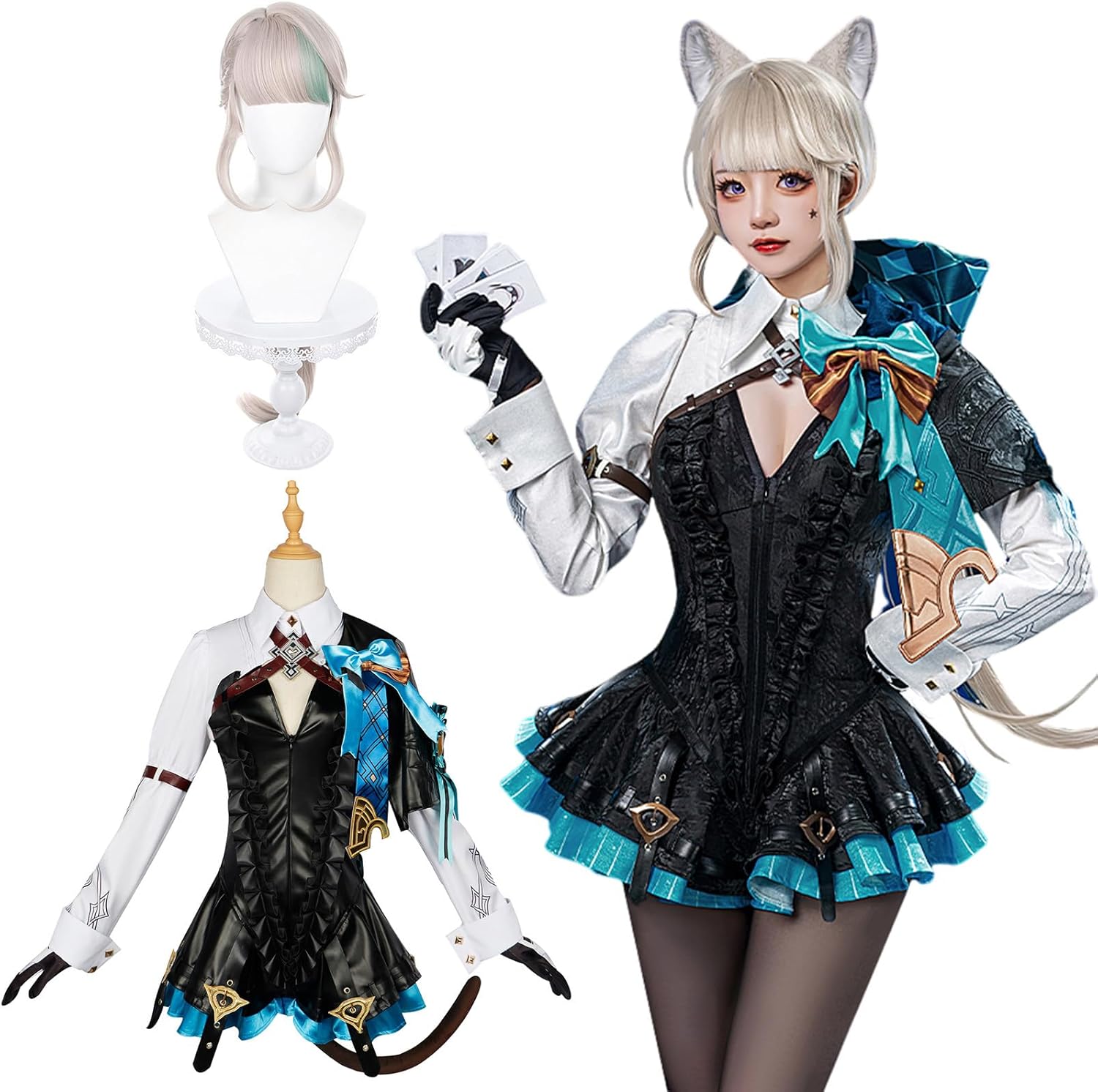 wusuobic[迅速な出荷]原神 コスプレ リネット コスプレ衣装 ウィッグ付き 箱の猫を覗いて　新キャラ フォンテーヌ七神 げんしん Genshin impact コスプレ 大人用 仮装 文化祭