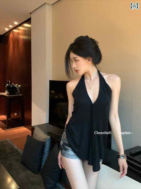 ホルターネック レディース トップス ホルターネック レディース トップス He Chenxi ウール ホルターネック ベスト レディース 夏 ホット ガール スイング カラー 不規則 バックレス セ