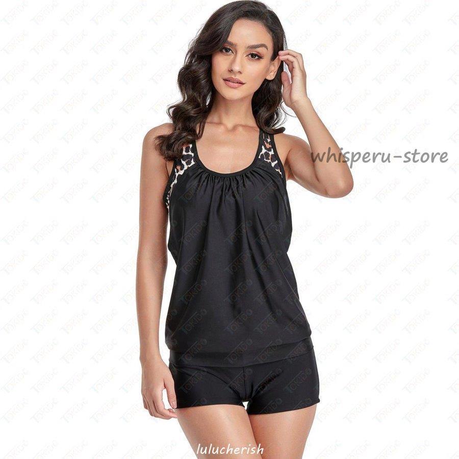 送料無料水着 レディース タンキニ 2点セット セパレート 上下セット Uネック ショートパンツ 体型カバー 大きいサイズ お洒落