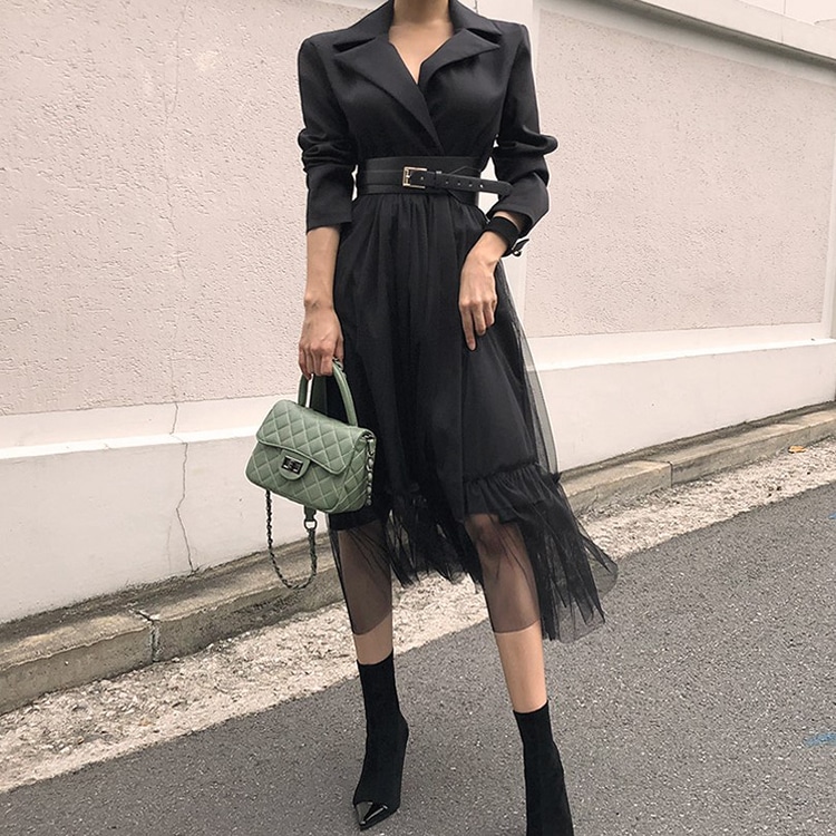 【ベルト付き】切り替えワンピース パーティードレス 結婚式 お呼ばれ ドレス チュール ミモレ カシュクール 黒 長袖 袖あり 大きいサイズ 韓国 個性的 モード系 20代 30代 40代
