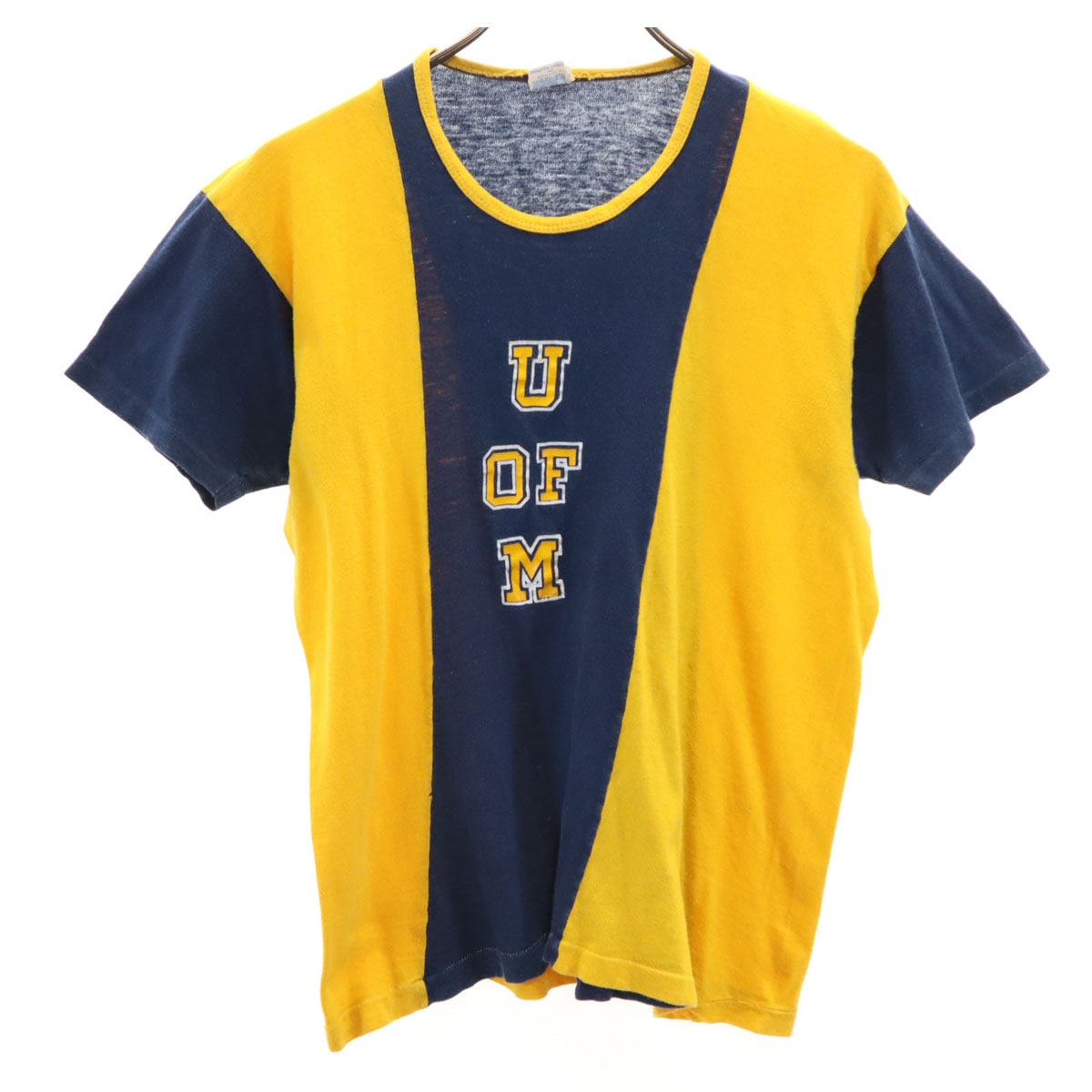 70s ヴィンテージ USA製 バータグ後期 半袖 シングルステッチ カレッジロゴ Tシャツ L ネイビー×イエロー ミシガン大学 メンズ 古着