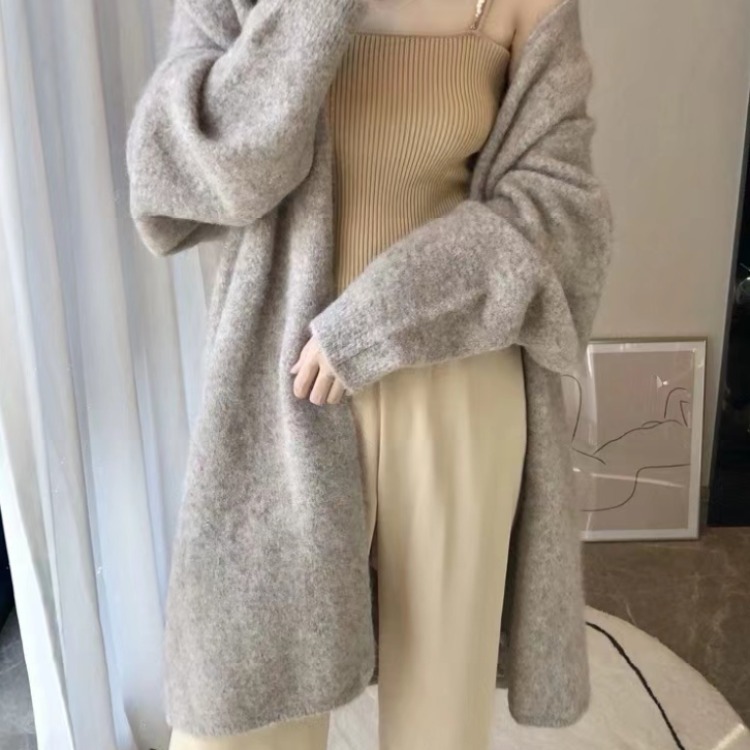 ロングニットカーディガン カーディガン ロング丈 暖かい 韓国 レディース オルチャン リブニット ロングカーディガン 着回し 秋冬 秋 冬 襟なし 着やせ 二の腕カバー セーター 袖リブ