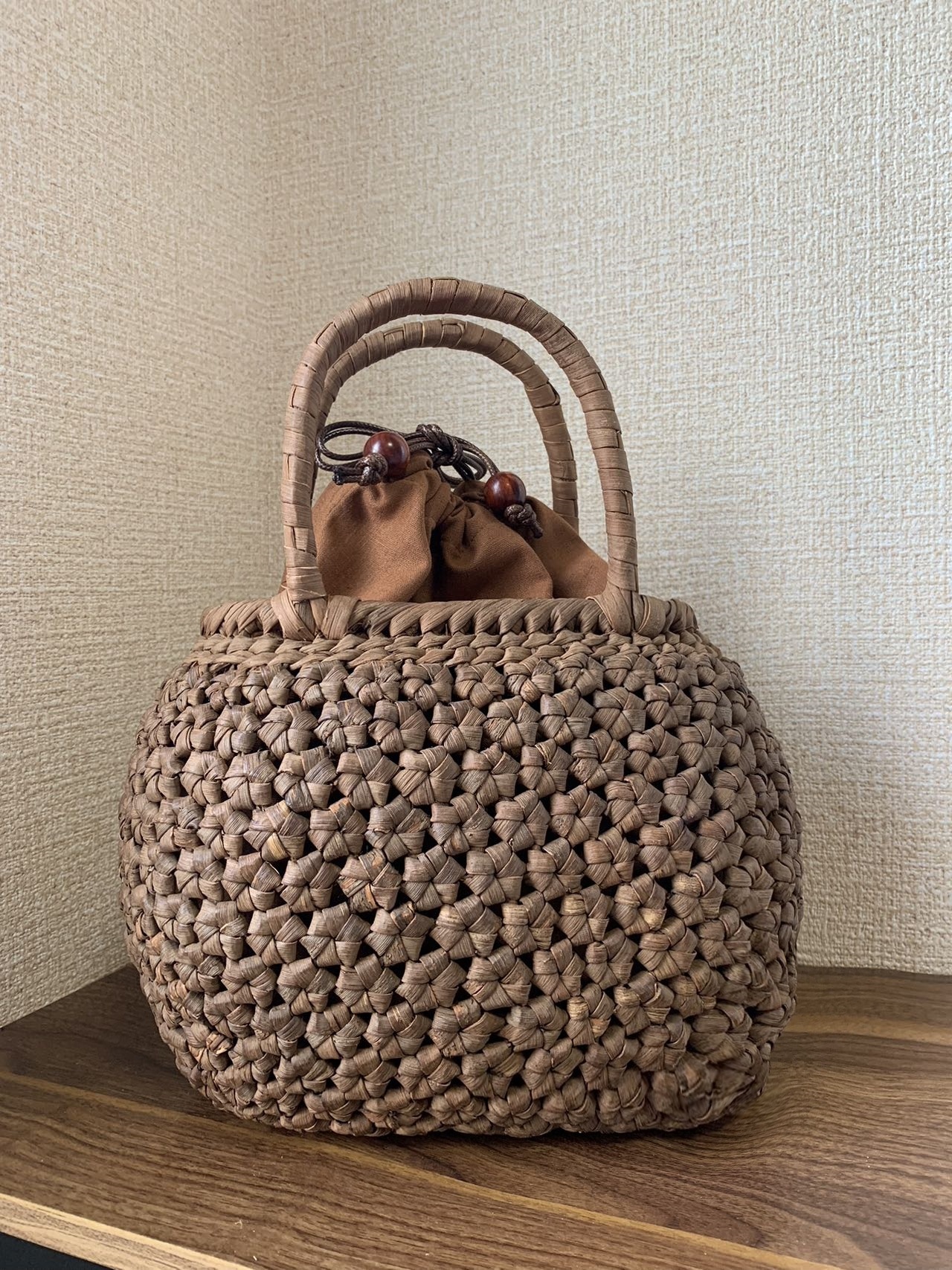 山葡萄 山葡萄かごバッグ 手編み 籠バッグ 花編み 内布あり 和服バッグ ゆかたバッグ レディースバッグ (約)幅32本体高さ23.5マチ13cm