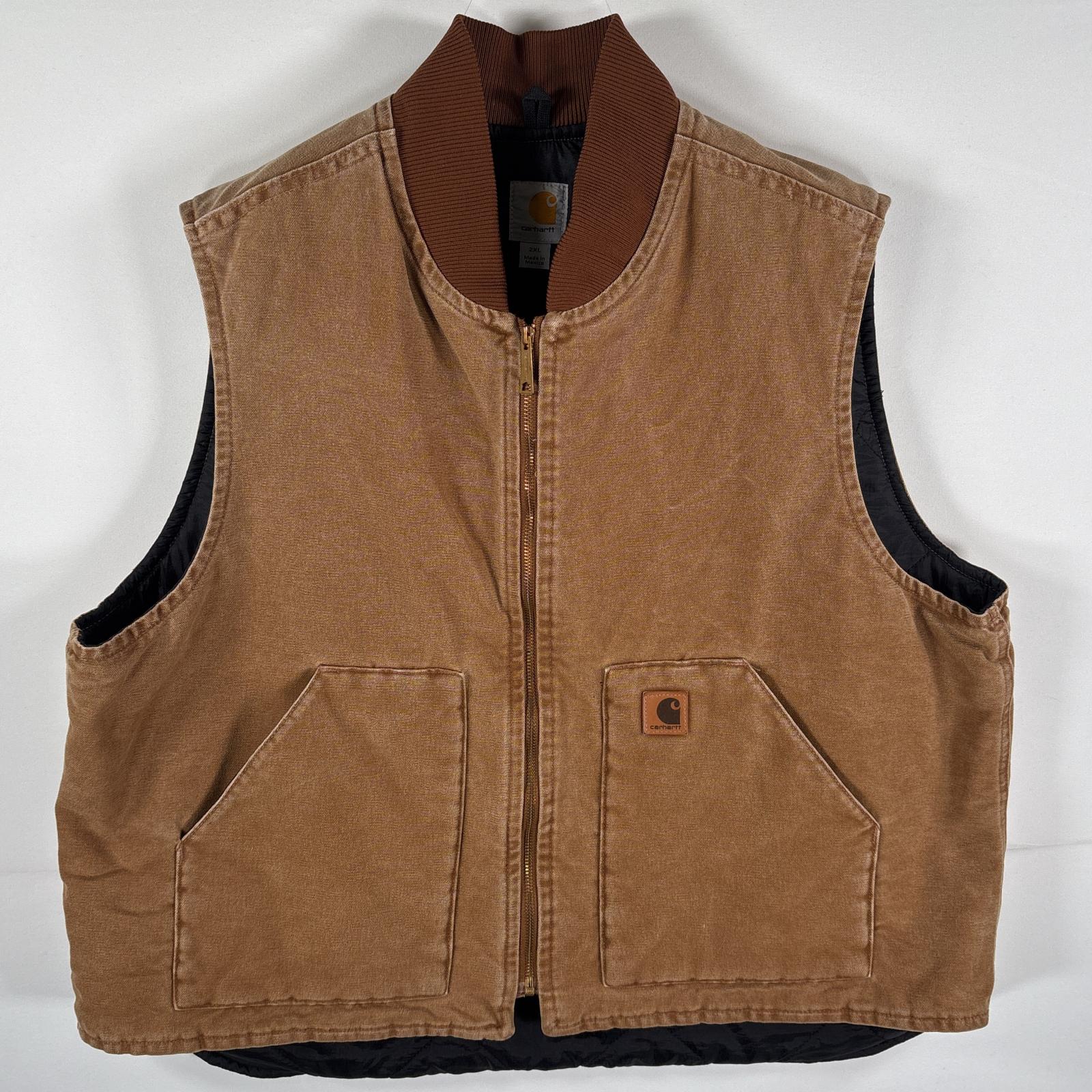 古着 ダック ベスト 裏地キルティング フルジップ 襟リブ ビッグサイズ 厚手 XXL キャメル メンズ