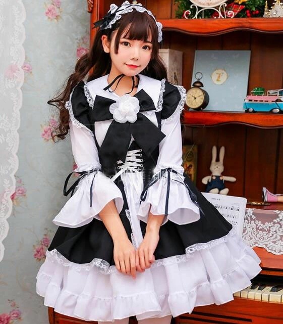迅速な出荷 メイド服　白＋黒　ワンピース＋エプロン＋髪飾り＋大きいリボンset　膝丈ゴシックメイドドレス　ロリータワンピース　大人　ハロウィンコスプレ衣装　イベント　舞台ステージ服　LOLITA　CO