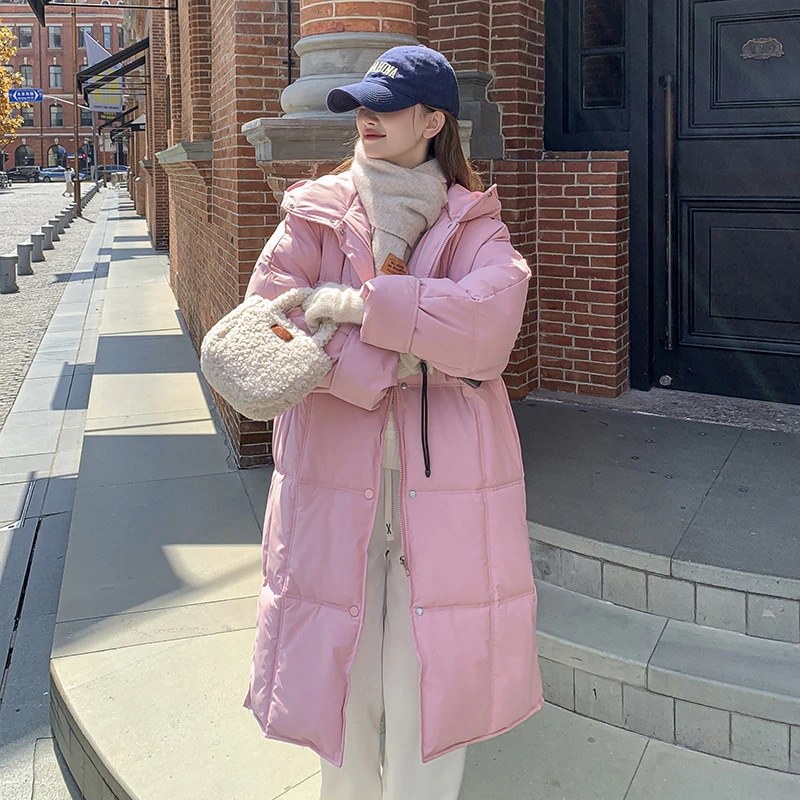 韓国版帽子付き2024冬の新型ダウン綿服の中の長さファッションはパン服の綿服を厚くする