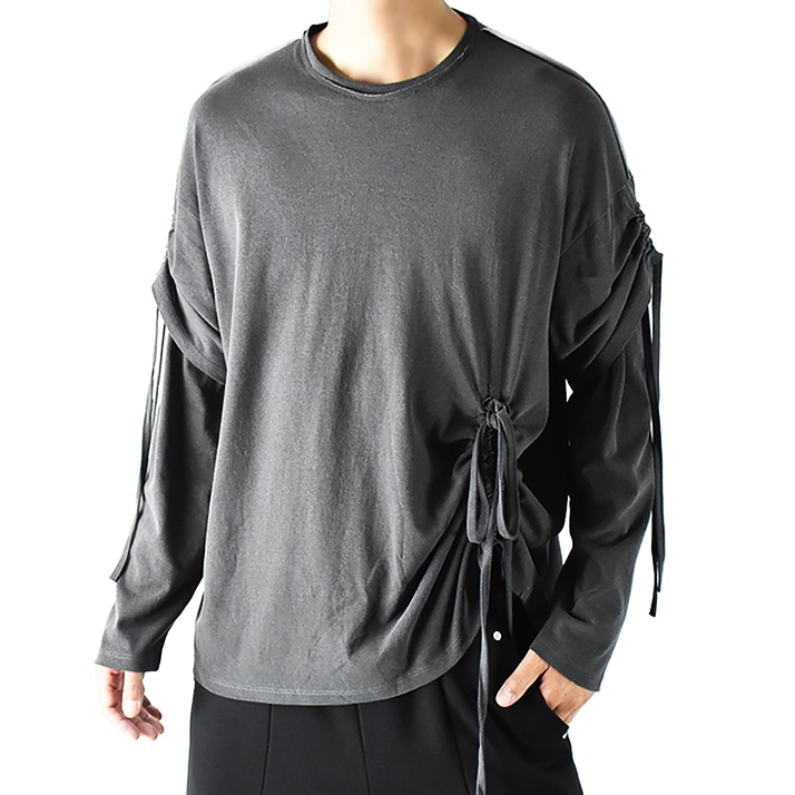 ロンt メンズ 薄手 レイヤード 風 トップス tシャツ 重ね着風 アシンメトリー Tシャツ 長袖tシャツ 綿 長袖 シャーリング くしゅくしゅ クルーネック 春 春服 秋 秋服 冬 冬服 無地