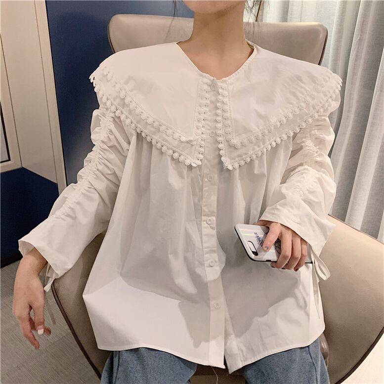 レディース フリル付きセーラーカラーブラウス ダブルフリルカラーブラウス ビックカラー ダブル襟デザイン トップス シャツ ブラウス 白シャツ 白トップス 長袖 襟付き レース 大人可愛い きれいめ