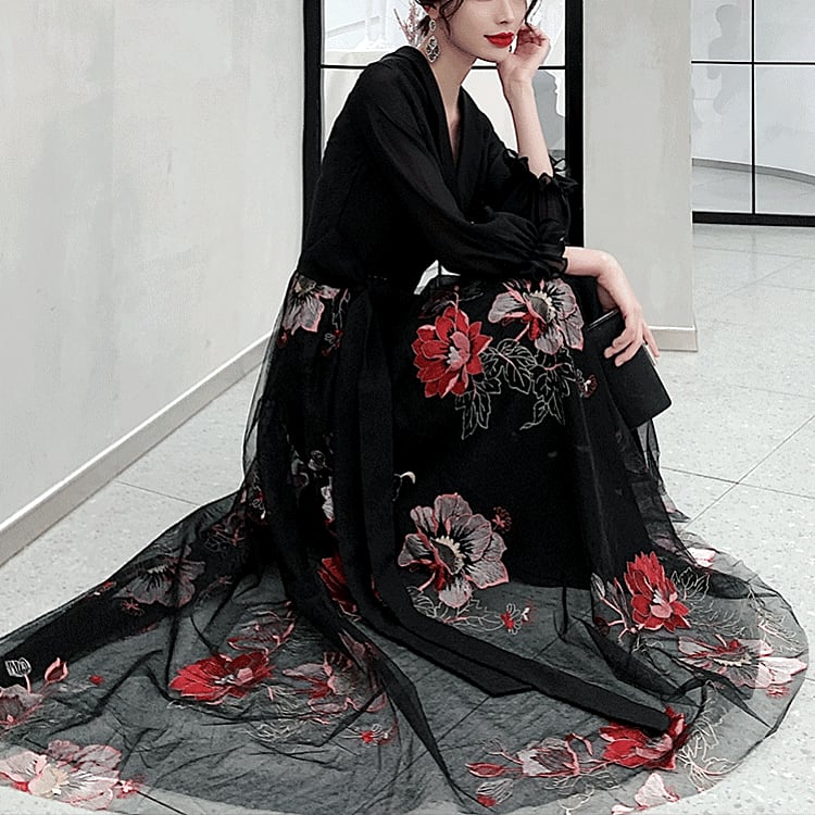 ドレス レディース パーティードレス フォーマルドレス l イブニングドレス ロング Aライン 袖あり 長袖 シースルー シフォン Vネック 花柄 アジアン エキゾチック モダン スタ