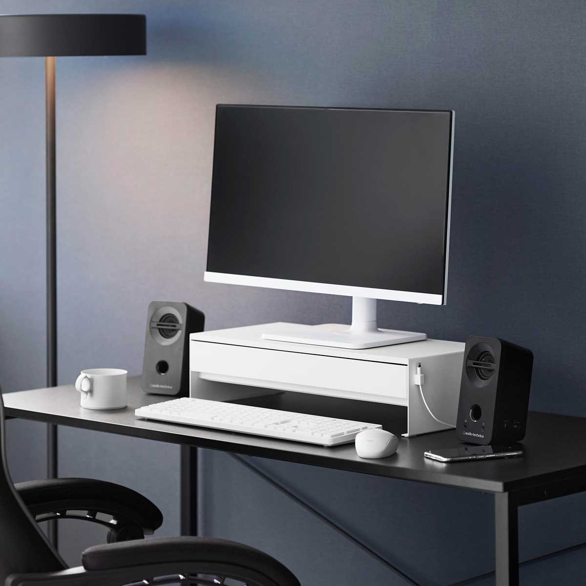 モニターラック 山崎実業 tower タワー ゲームコントローラーも入る引き出し付きモニター台 10187 ホワイト