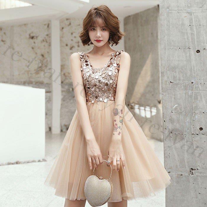 パーティードレス 安い 可愛い ピアノ発表会 ドレス大人ウエディング カラードレス ミモレ丈結婚式 服装 20代30代40代 女性 キラキラ ゴールド スパンコール秋冬