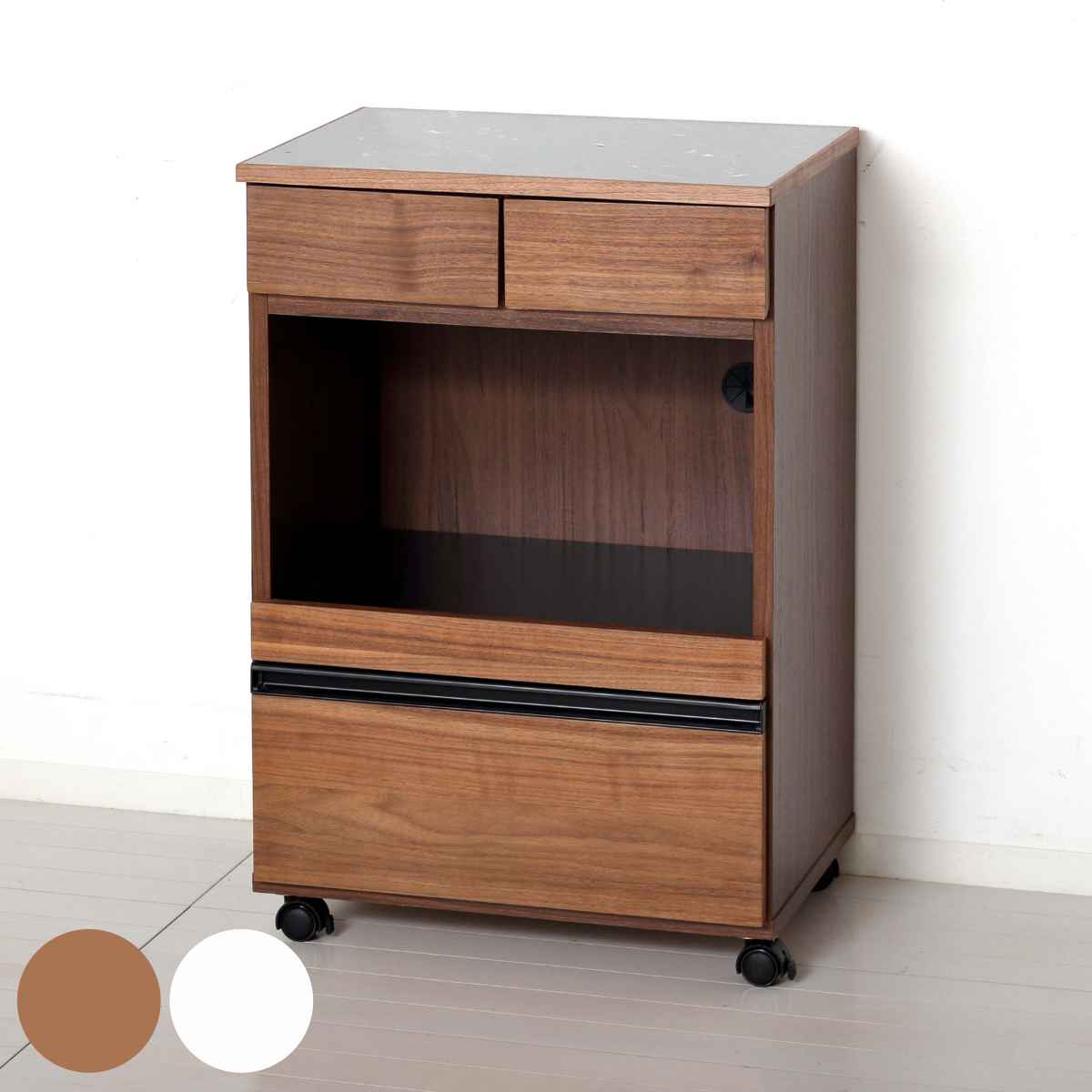 レンジワゴン コンパクト 大理石調天板 引出し付 幅55cm レンジ台 キッチンワゴン 収納 家具 ワゴン 電子レンジ 完成品 キッチン収納 大理石調 キャスター コンセント付 ブラウン