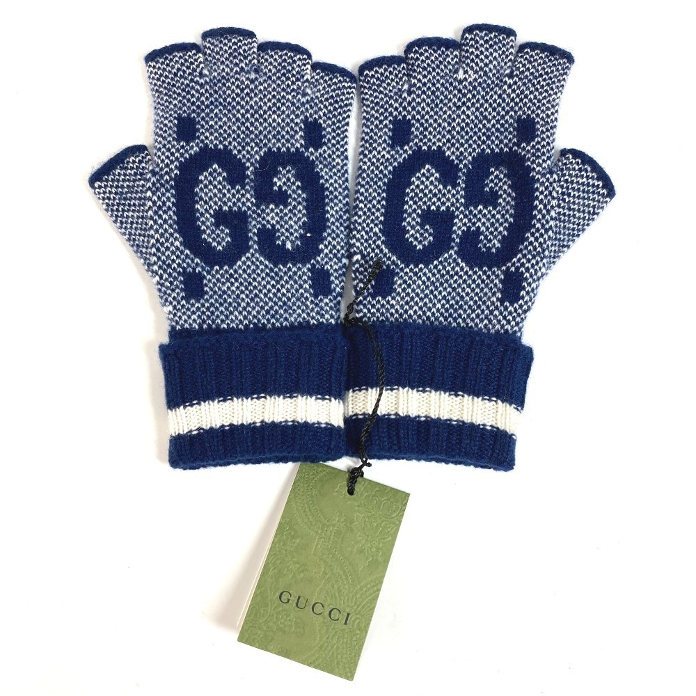 手袋 726586 ロゴ GG フィンガーレス グローブ アクセサリー ニット カシミヤ ネイビー