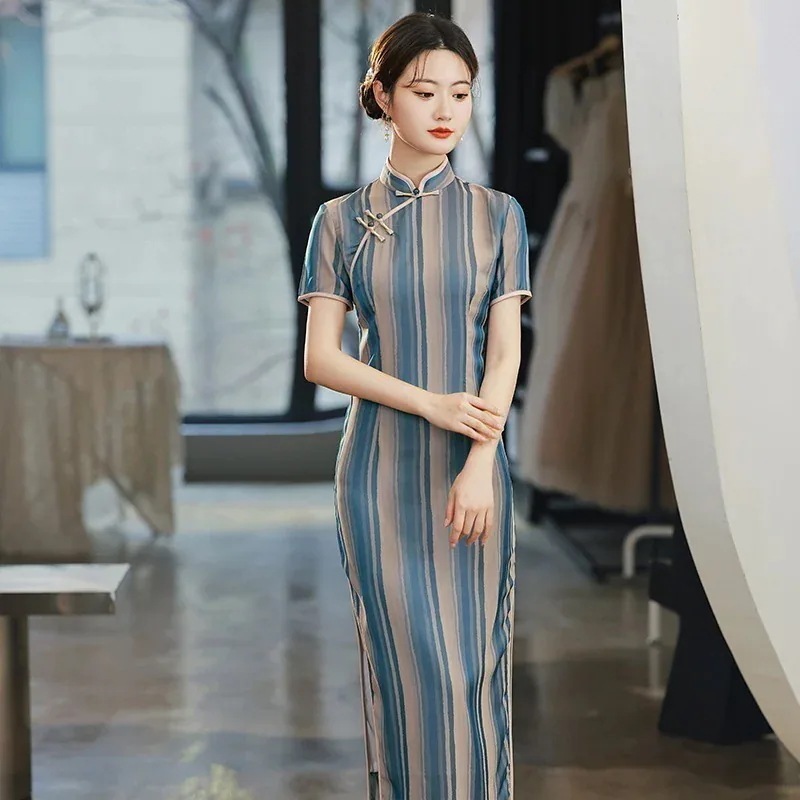 短納期2026新入荷 縦縞のセクシーな大人レトロ少女チャイナドレス ドレス ワンピース レディース 韓国ファッション パーティードレス 2