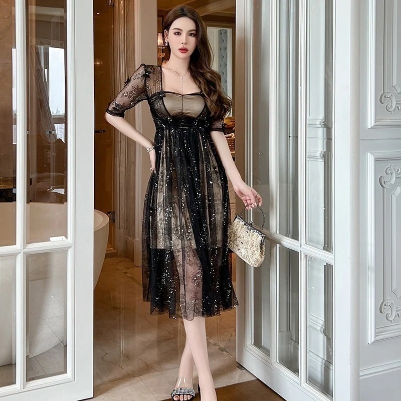 【JY.上品】 チュールワンピース レース 透明 ハイウエスト パーティードレス キャバ 着痩せ 大人 同窓会 披露宴 卒業式 結婚式 演奏会 ウェディング 二次会 発表会30%までに制限