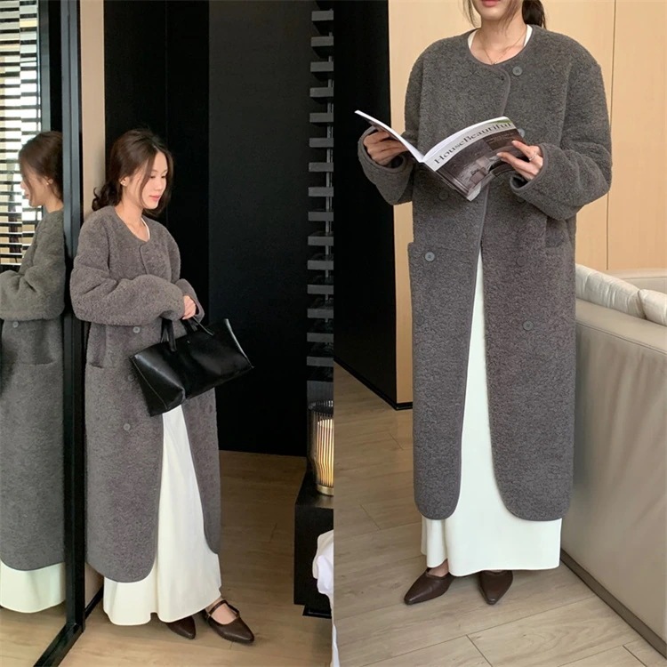 韓国ファッション レトロ シンプル コート ラウンドネック バックル 毛皮一体 保温 上品映え チェスターコート ロングコート