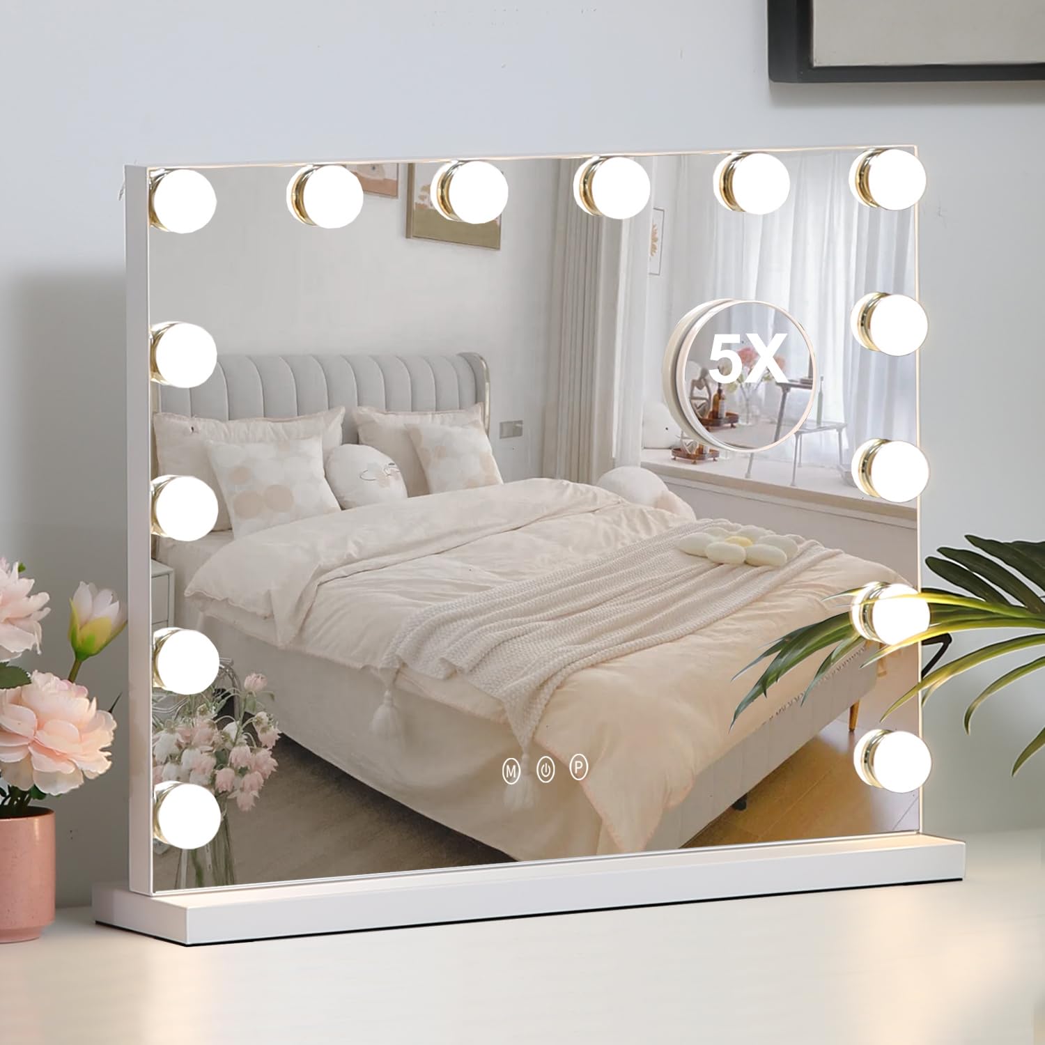 LED女優ミラー 化粧鏡 ハリウッドミラー 三色照明モード 明るさ調節可能 5倍拡大鏡付き 女優ライト LEDミラー 卓上/壁掛け両用 (50*40CM)
