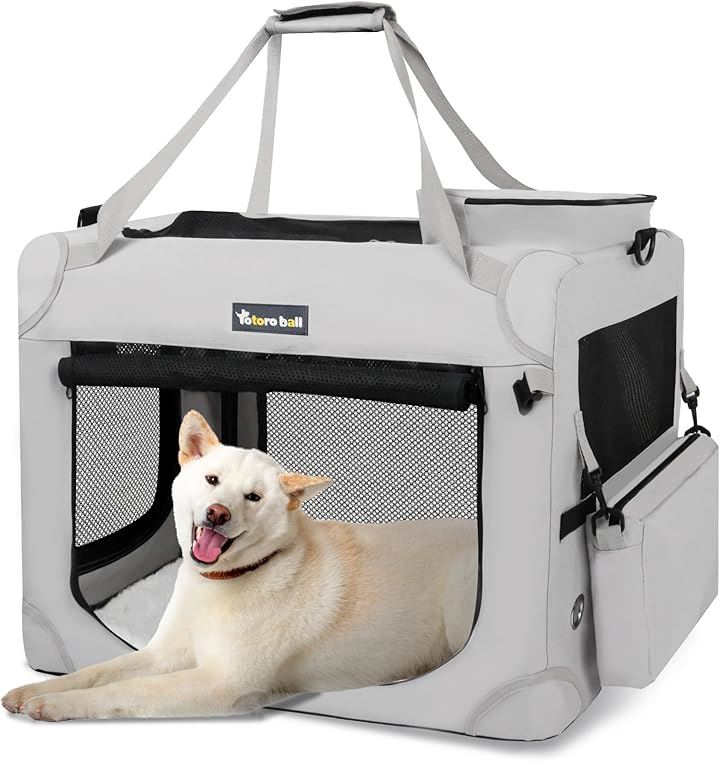 犬用キャリーバッグ ソフトクレート キャリーケース 犬用クレート 折りたたみ メッシュ ロック付き(ライトグレー, L（70L x 52W x 52H cm）)