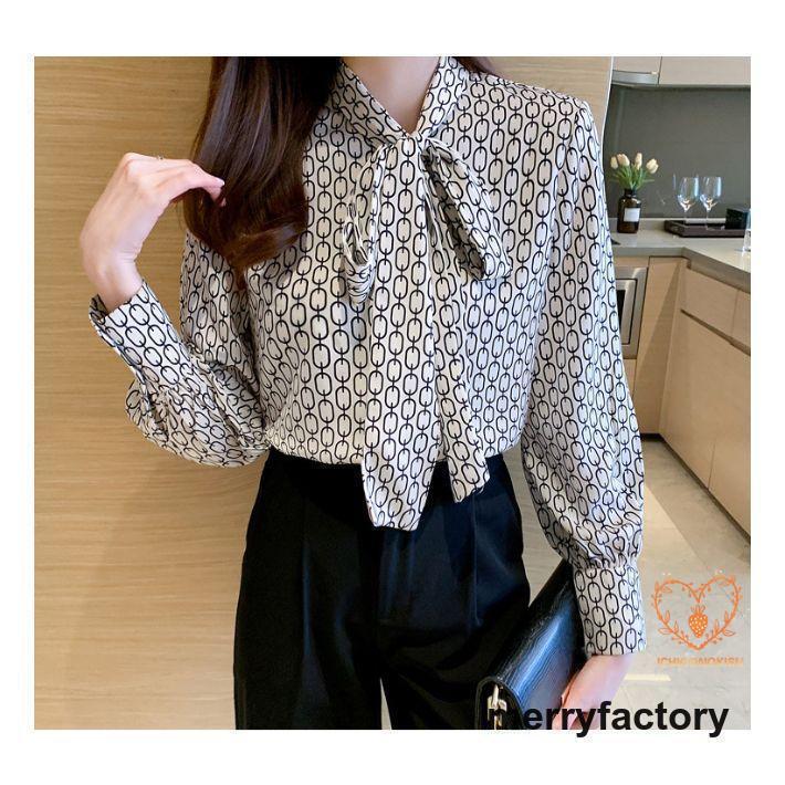 【新品販売】 ボウタイ レトロ 柄 ブラウス 長袖 レディース トップス 上品 きれいめ 事務服 シャツ リボンタイ ボウタイブラウス リボンブラウス パーティー フォ