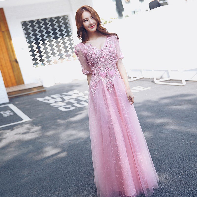 ロングドレス 演奏会 カラードレス ピンク 袖あり 安い イブニングドレス 花嫁 フォーマル 結婚式