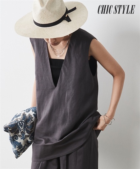 チュニック 大きいサイズ レーヨン麻Vネックノースリーブチュニックブラウス シックスタイル