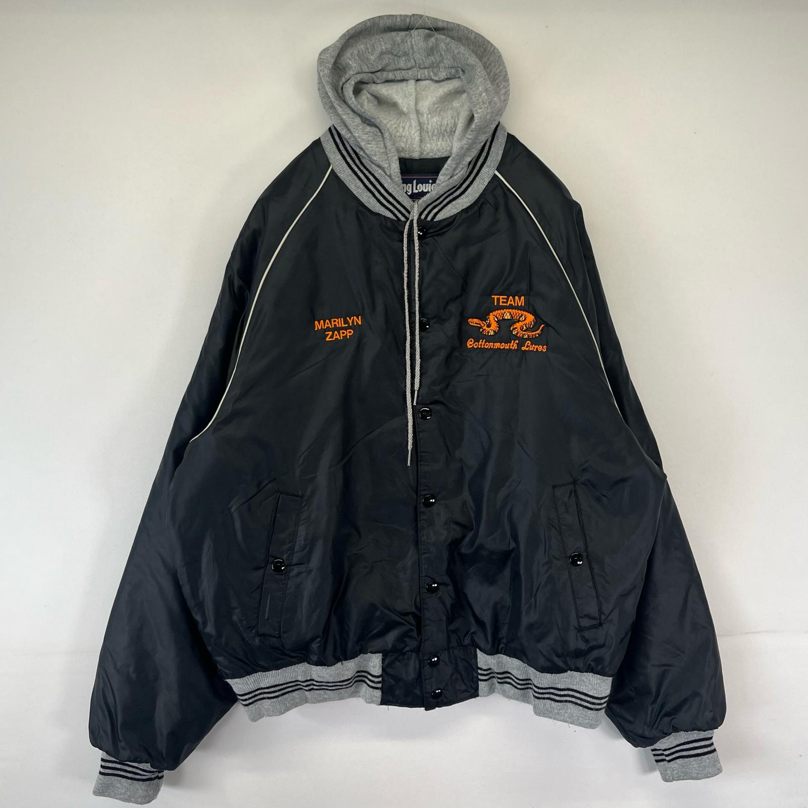 古着 90s/90年代 キングルイ King Louie USA製 スタジャン ナイロン パーカー フルジップ アワードジャケット スネーク バックロゴ L ブラック メンズ