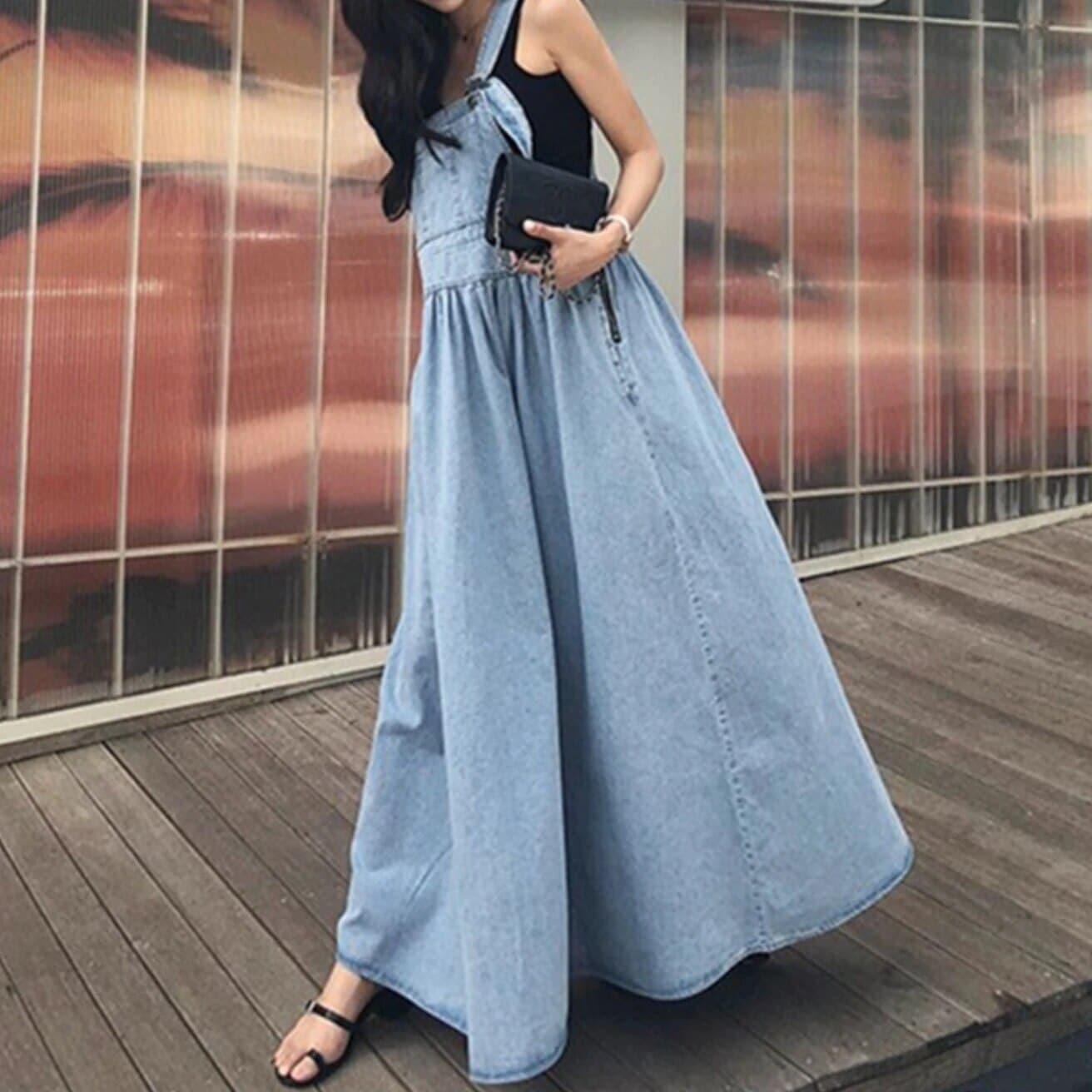 ワンピース ロングワンピース　ロング　マキシ　マキシワンピース　シャツワンピース　ノースリーブワンピース　ｔシャツワンピース　ロング丈 袖なし ノースリーブ Aライン ポケット ハイウエスト デニム