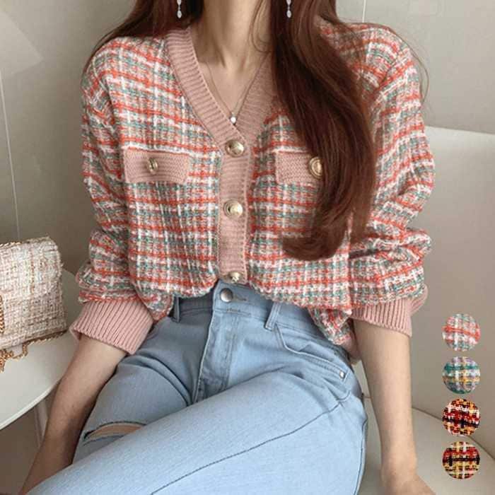 ニット チェック柄 カーディガン春秋冬