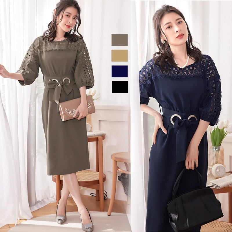 パーティードレス 大きいサイズ 結婚式 袖あり スカラップ 袖 レース 膝下 ワンピース お呼ばれ 卒業式 卒園式 G88525 7,649円