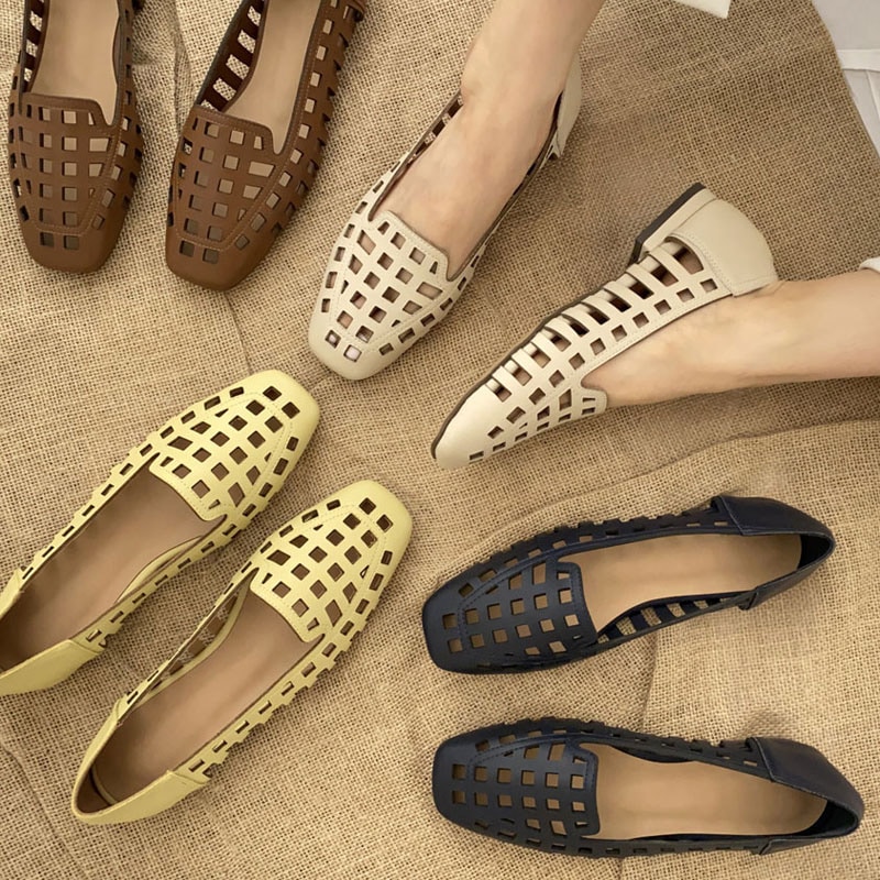 涼しげな雰囲気の スクエアパンチングデザイン スクエアトゥ コーティング牛革 ベーシック デイリーフラットシューズ 5color