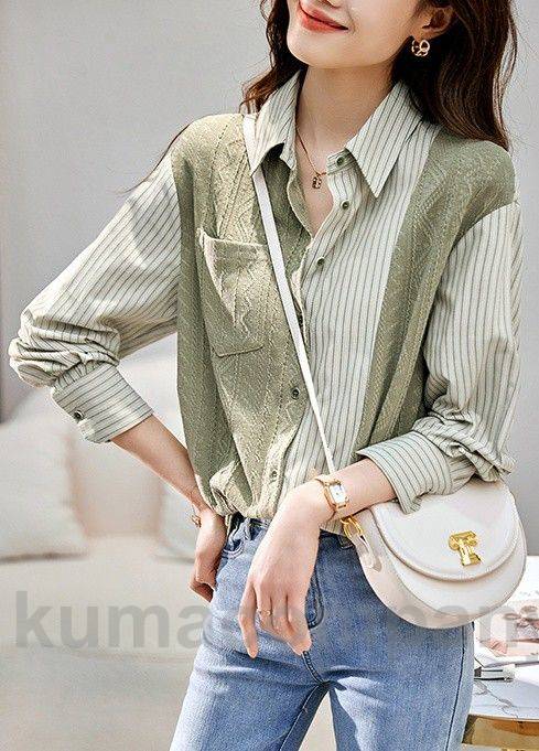 切り替え トップス 襟付き シャツ レディース 長袖 ストライプ ニット 春 秋 ドッキングシャツ 大きいサイズ 3L 韓国 ファッション カジュアル アシンメトリー おしゃれ km