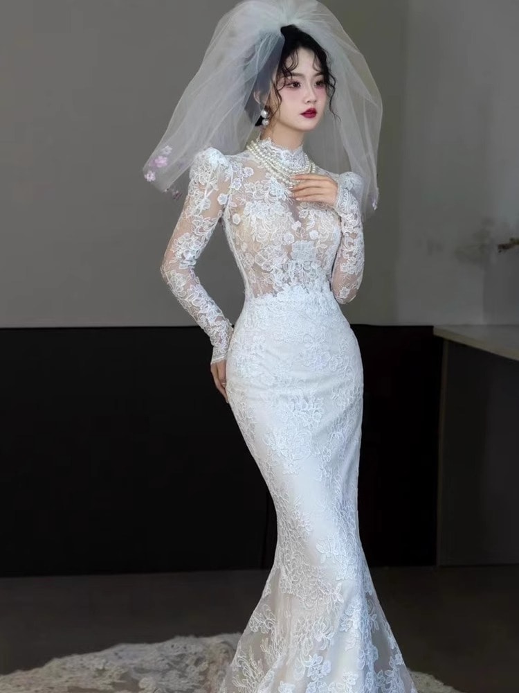 フレンチライトウェディングドレスレースシンプルホワイトスリムテール2023新婦冬の迎賓長袖フィッシュテールスカート
