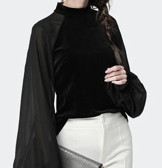 トップス ブラウス 袖あり 長袖 ボリュームスリーブ ハイネック 襟付き デザイン シアー 美ライン シフォン ドッキング ベロア かわいい 大人可愛い きれいめ シンプル カジュアル 大人 上品