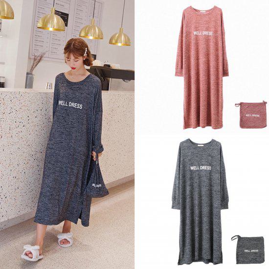 パジャマ ルームウェア レディース 大きいサイズ 長袖 おうちコーデ ワンピース ロゴ入り 丸ネック ミモレ丈 ナイトウェア ネグリジェ かわいい おしゃれ Tシャツワンピ おうち 楽ちん 体型カバー