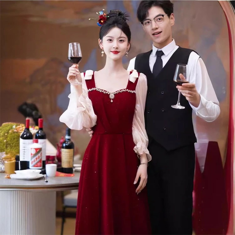 激安価格！ロングドレス 花嫁ドレス ウェディングドレス パーティードレス チャイナ風 大きいサイズ Aライン ハイウエスト 大きい裾 きれいめ 着痩せ スパンコール キラキラ 花嫁 婚約 パーティー