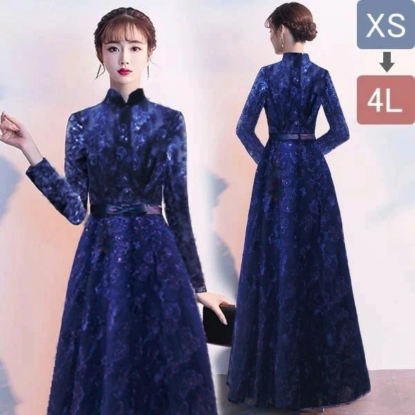 ドレス 大人 ピアノ 発表会 ロングドレス 母親 結婚式 ミセス向けドレス イブニングドレス 刺繍 ハイネック 長袖 演奏会 パーティードレス 大きいサイズ レディース 結婚式 女子会 披露宴 二次会