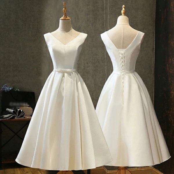 送料無料 ミモレ丈ドレス パーティードレス 白 結婚式ワンピース 二次会 ブライズメイドドレス ピアノ発表会ドレス 呼ばれ 披露宴 同窓会 文化祭 ノースリーブ Vネック Aライン 大きいサイズ シン