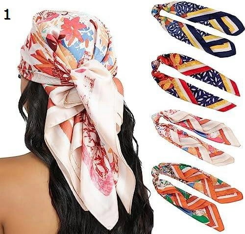 【20%OFFクーポン～】27.5インチ レディース ヘッドスカーフ 4点セット 感 サテン スクエアヘアスカーフ ネックバンダナ 睡眠用ヘアラップ カラーE 27.5