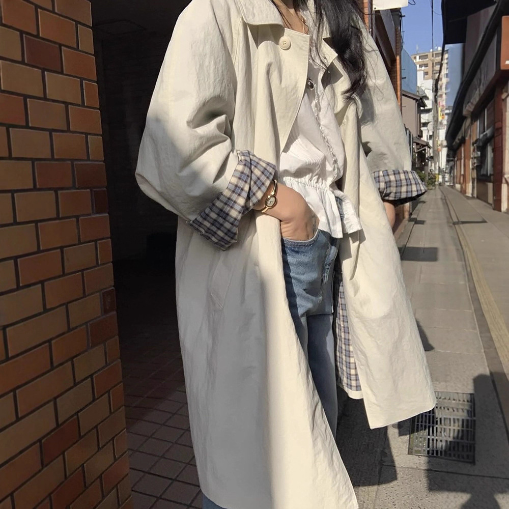 既製在庫韓国リラックスした無地ロングウインドブレーカー女性用 2025 ルーズカジュアルシングルブレストトップ