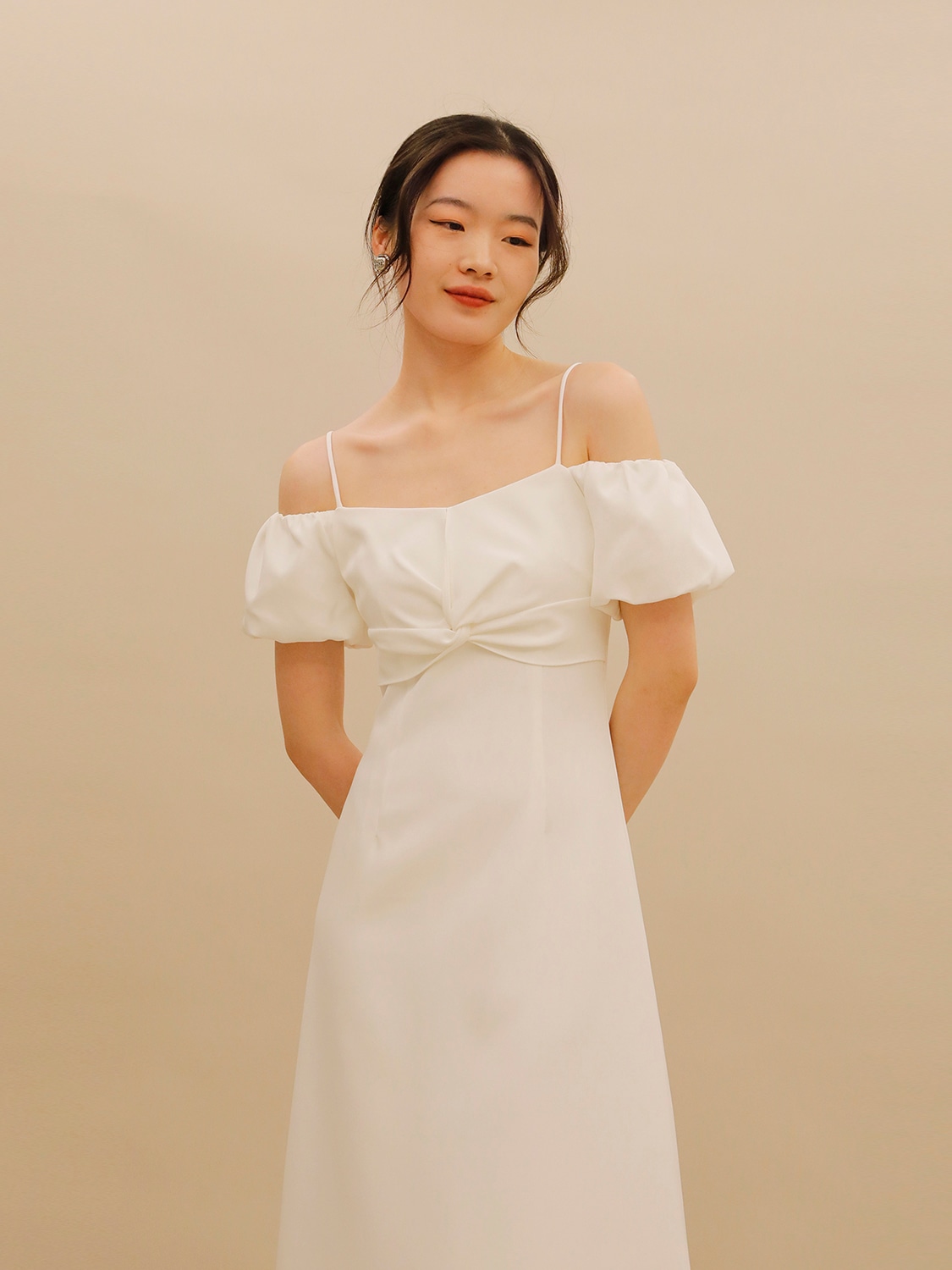 3色 ねじりせっけい ドレス 肩掛けストラップ半袖 ハイウエストのロングワンピース花嫁 二次会