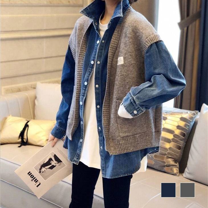 【メガ割 】デニムシャツレイヤードドロップショルダー羽織り長袖ゆったりおしゃれレディーストップ187