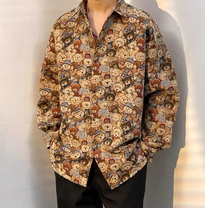 トップス シャツ 前開き 長袖 襟付き 角襟 ストレート ボタン カジュアル おしゃれ かっこいい レトロ こなれ感 メンズライク ボーイッシュ ルーズ アメリカン カントリー くま柄 アニマル柄 5,206円