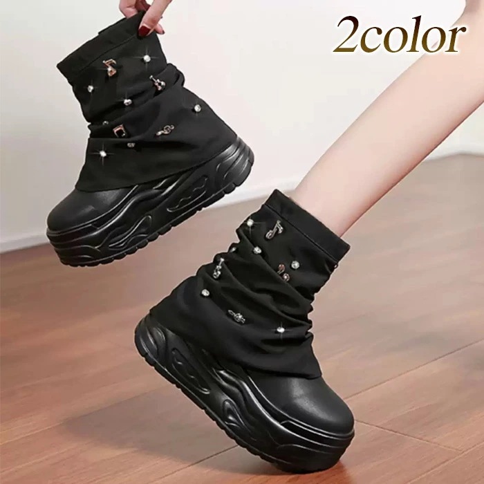 ブーツ ショートブーツ レディース サイドジッパー ルーズ感 音符 ラインストーン キラキラ 厚底 ゴツい ブラック ホワイト 脚長 7cmソール