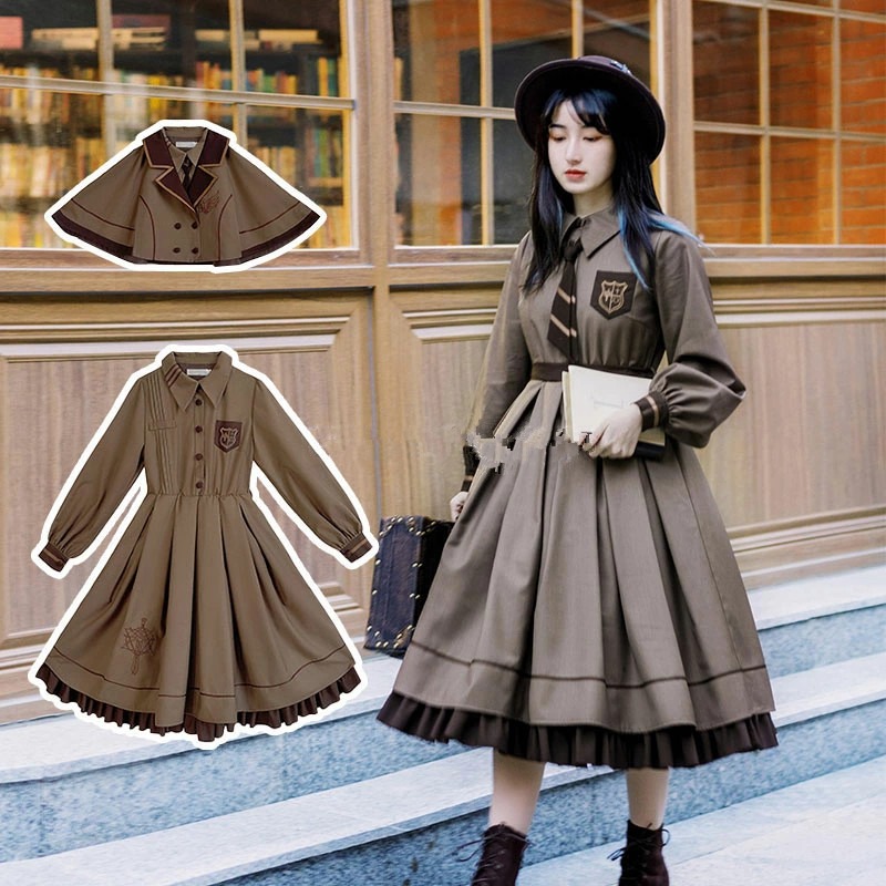 【3点セット】ロリータワンピース 長袖ワンピース ロリータドレス lolita マント付き ネクタイ付き 甘ロリ 可愛い 原宿 レディース ガーリー 春秋冬 S/M/L