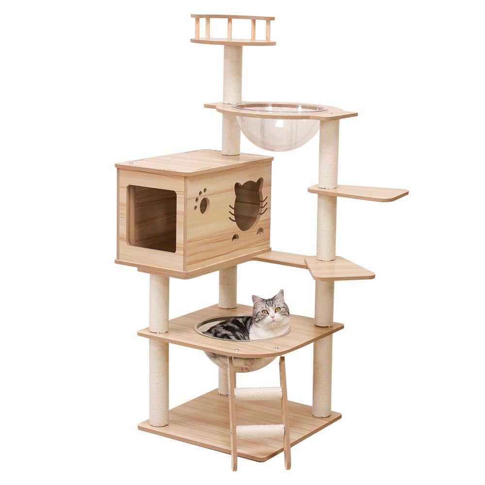 【PETTIFUL】 2024新モデル キャットタワー 木製 大型猫 据え置き スリム 猫タワー 宇宙船2個 中型 猫 キャットツリー おしゃれ 宇宙船ボウル 隠れ家 ボックス 爪とぎ 多頭飼い 安定