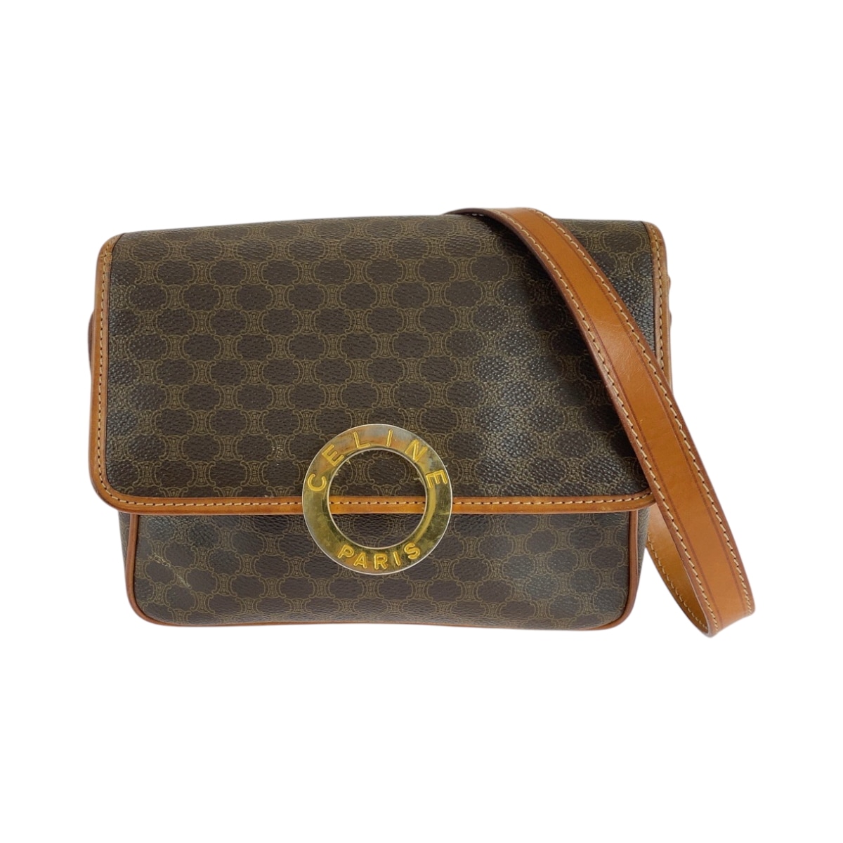 ヴィンテージ マカダム柄 サークルロゴ ブラウン ゴールド金具 PVC ショルダーバッグ ポシェット レディース 501613