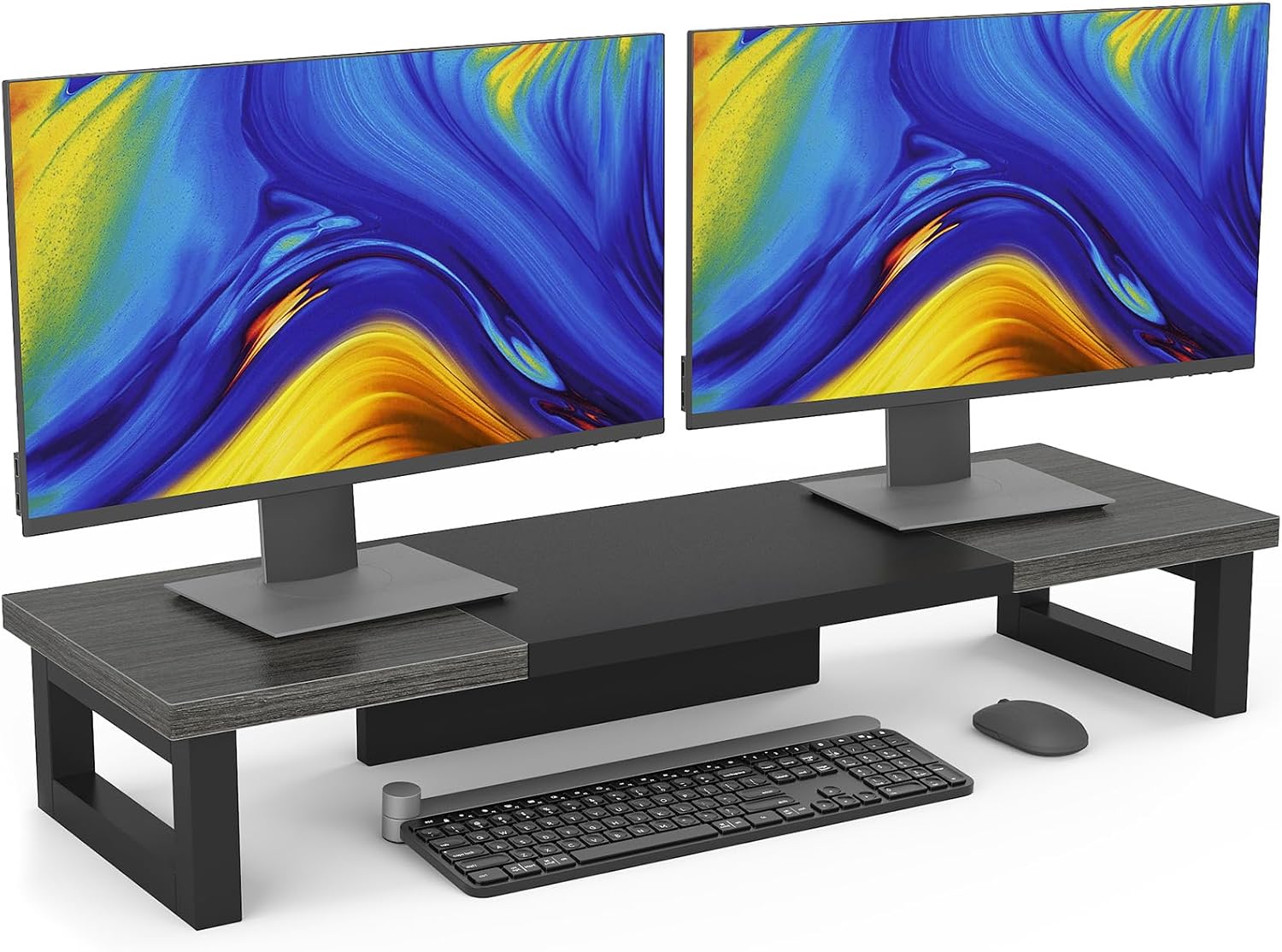 幅91cm 高さ11cm 木製2段モニター台 キーボード収納可能 耐荷重50kg