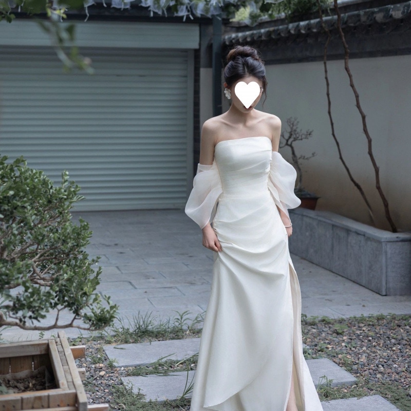 【高級宴会ドレス】軽奢華 ウェディングドレス ニッチ 高級感 2025年新作 結婚式 受付 シンプル ストラップレス 成人式 宴会 パーティードレス