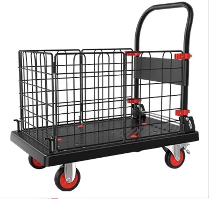 大容量台車 折りたたみ式カート台車 網籠車フェンス車積載運搬車 TPR車輪 ブレーキ付き 静音車輪 ｐｐ材質天板 耐荷重400kg(ブラック, 90x60x100cm)