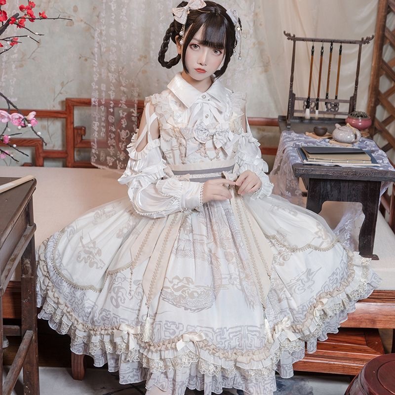 中華ロリータ　華ロリ　ジャンパースカート セット コスプレ コスチューム jsk 文化祭 リボン ギャル 衣装 学園祭 ハロウィン クリスマス 誕生日 忘年会 学園祭 女性